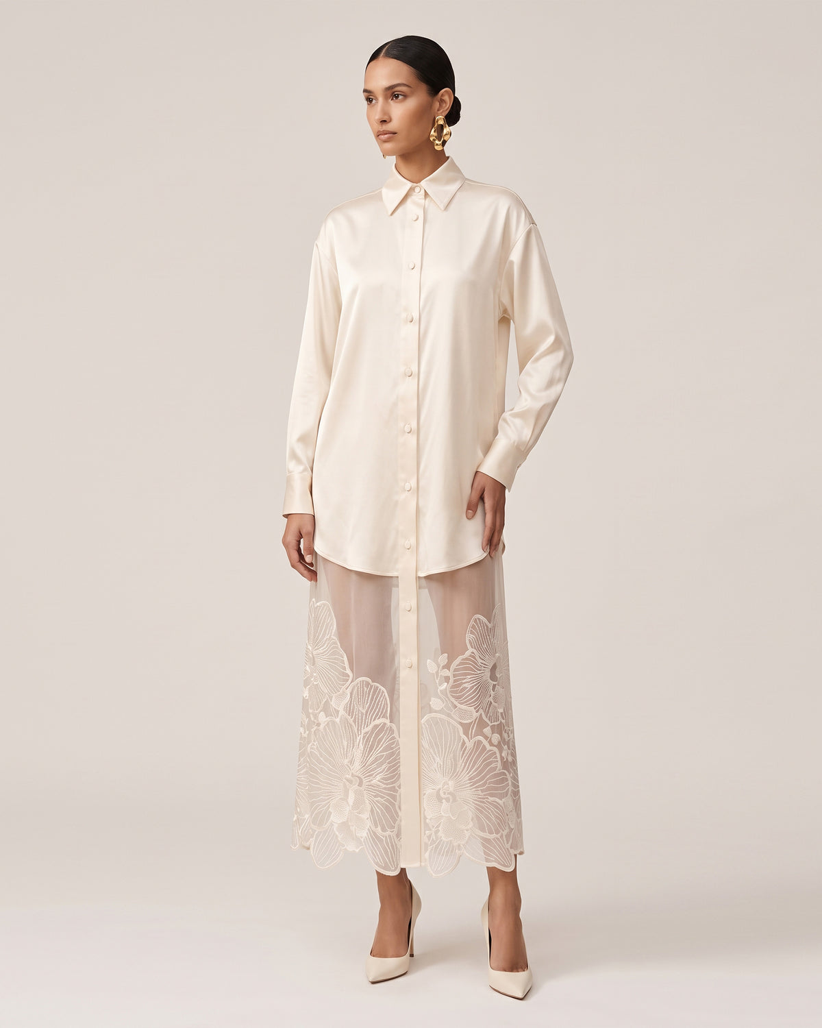Satin Phalaenopsis Orchid Embroidery Long Shirt Dress - Ivory White