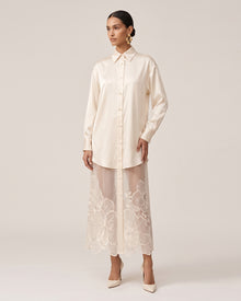 Satin Phalaenopsis Orchid Embroidery Long Shirt Dress - Ivory White