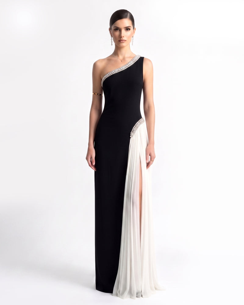 Crystal-Trim Pleated One-Shoulder Maxi Dress - Black