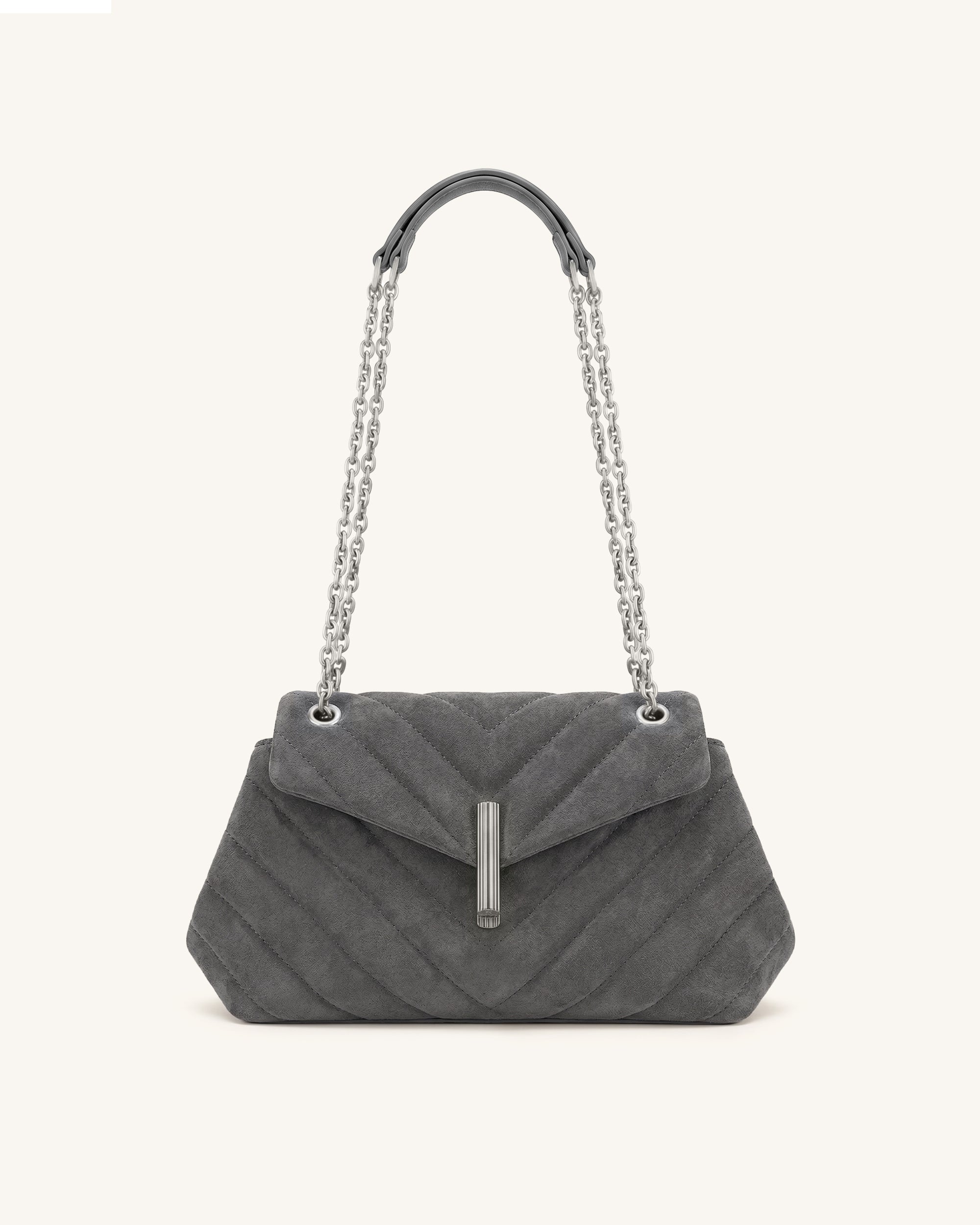 Valerie Faux Suede Quilted Chain Flap Shoulder Bag - Charcoal Gray