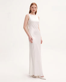 Tulip Appliqué Cowl-Back Satin Column Maxi Dress - Off-White