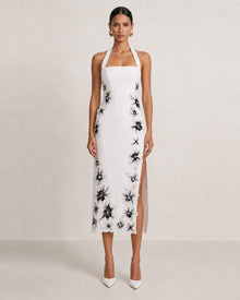 Flower Embroidered Halter Midi Dress - White