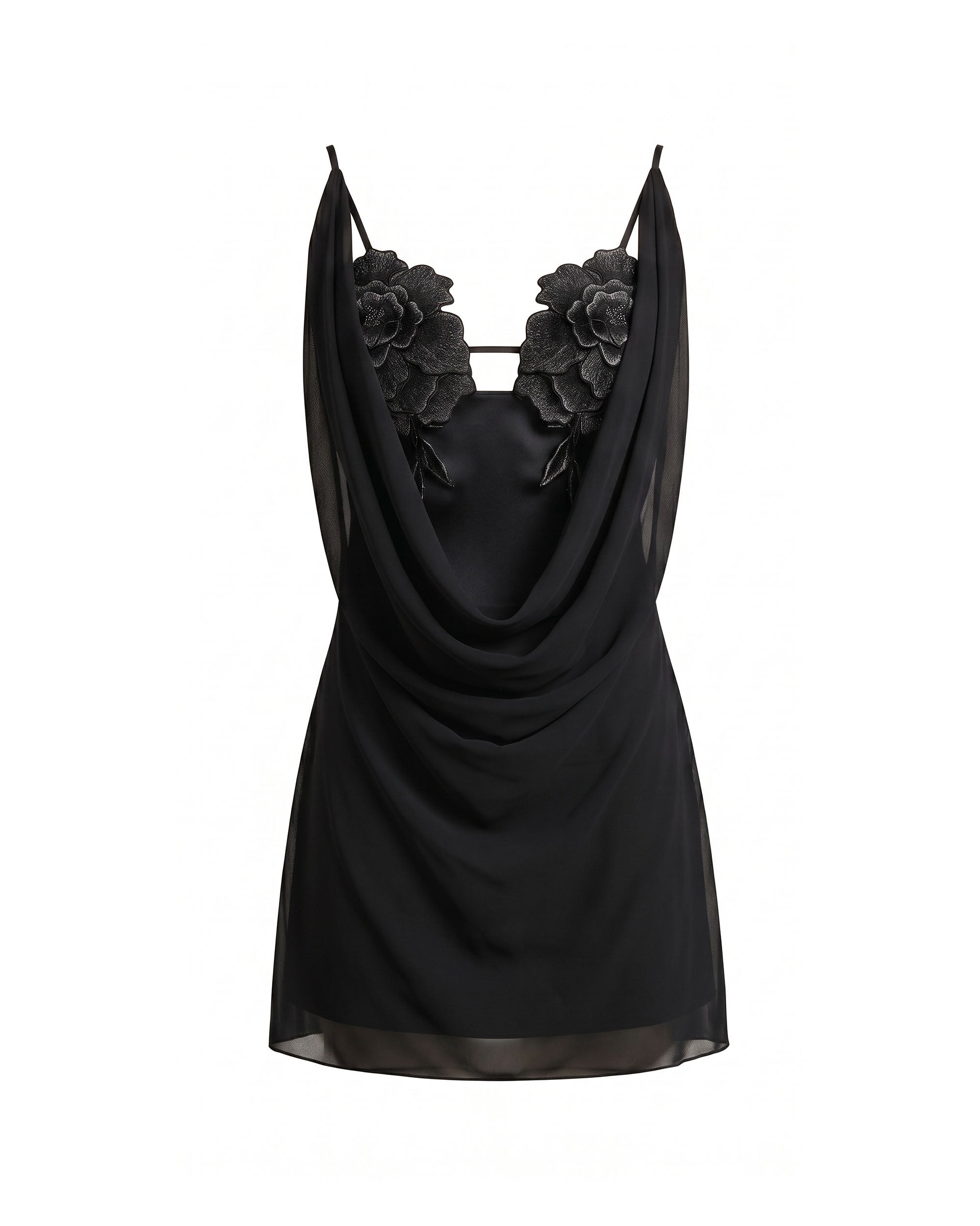 Flower Embroidered Cowl Neck Mini Dress - Black