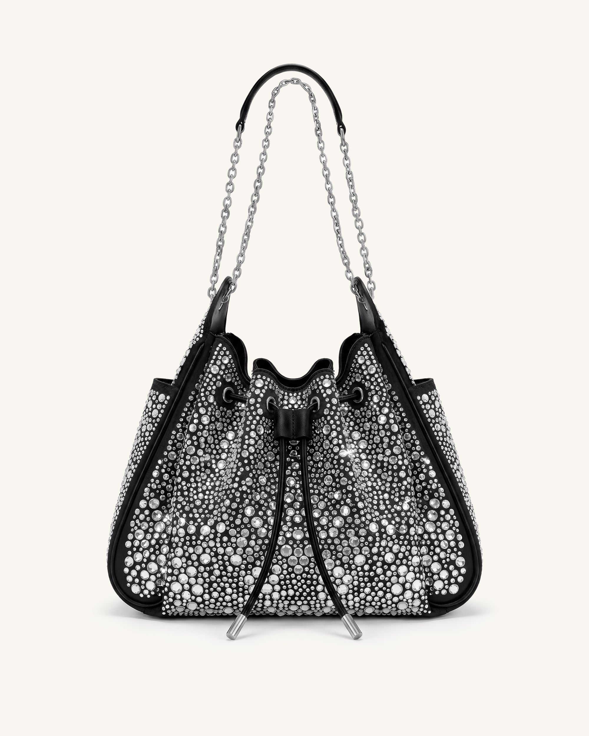 Rowan Artificial Crystal Ruched Drawstring Chain Bucket Bag - Dark Ink