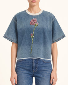 Contrast Rib Denim Cropped Rhinestone Rose Tee - Washed Blue