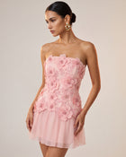Flower Embroidered Strapless Floral Mini Dress - Pink