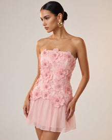 Flower Embroidered Strapless Floral Mini Dress - Pink
