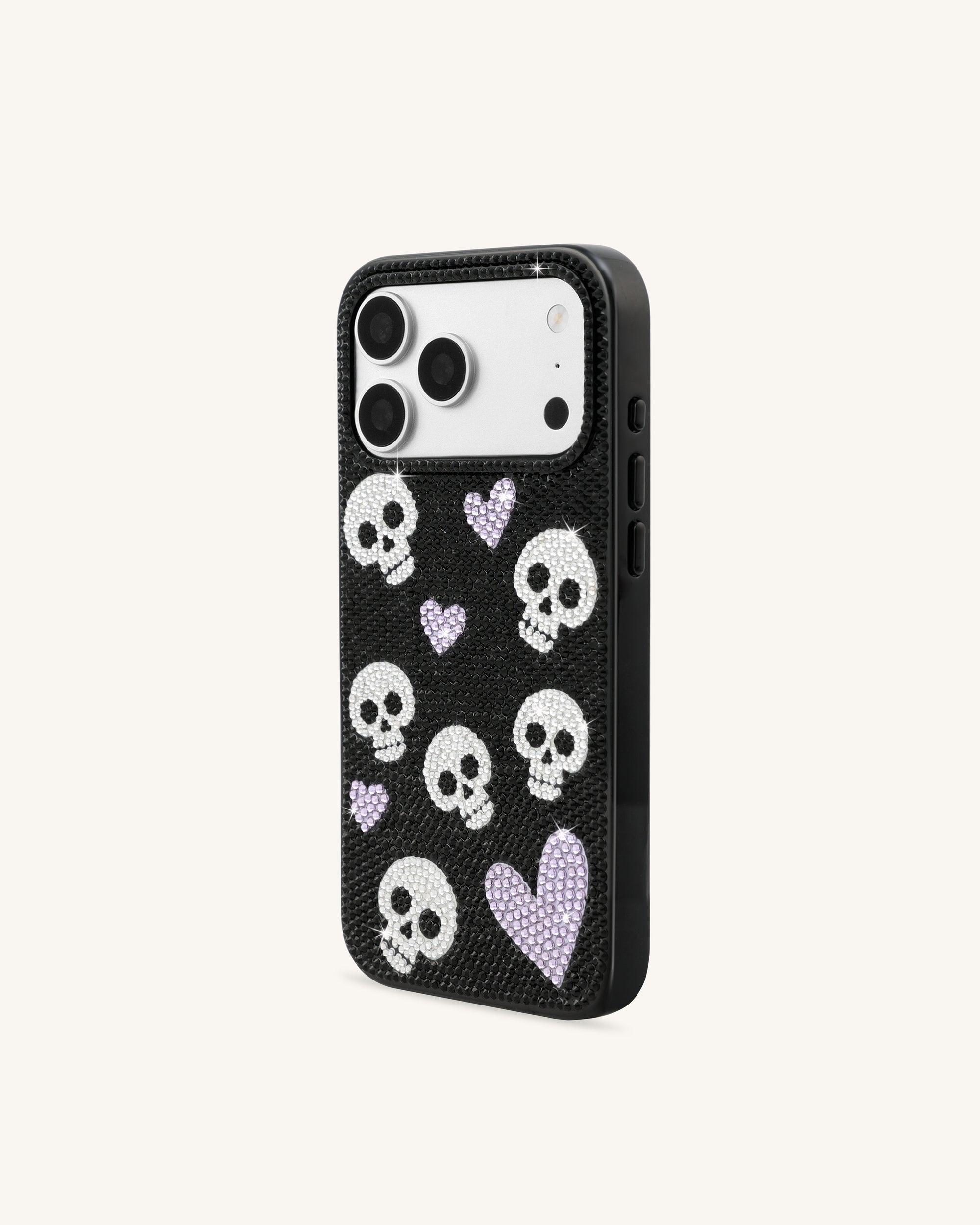 Skull And Heart Rhinestone Phone Case - Black