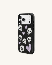 Skull And Heart Rhinestone Phone Case - Black