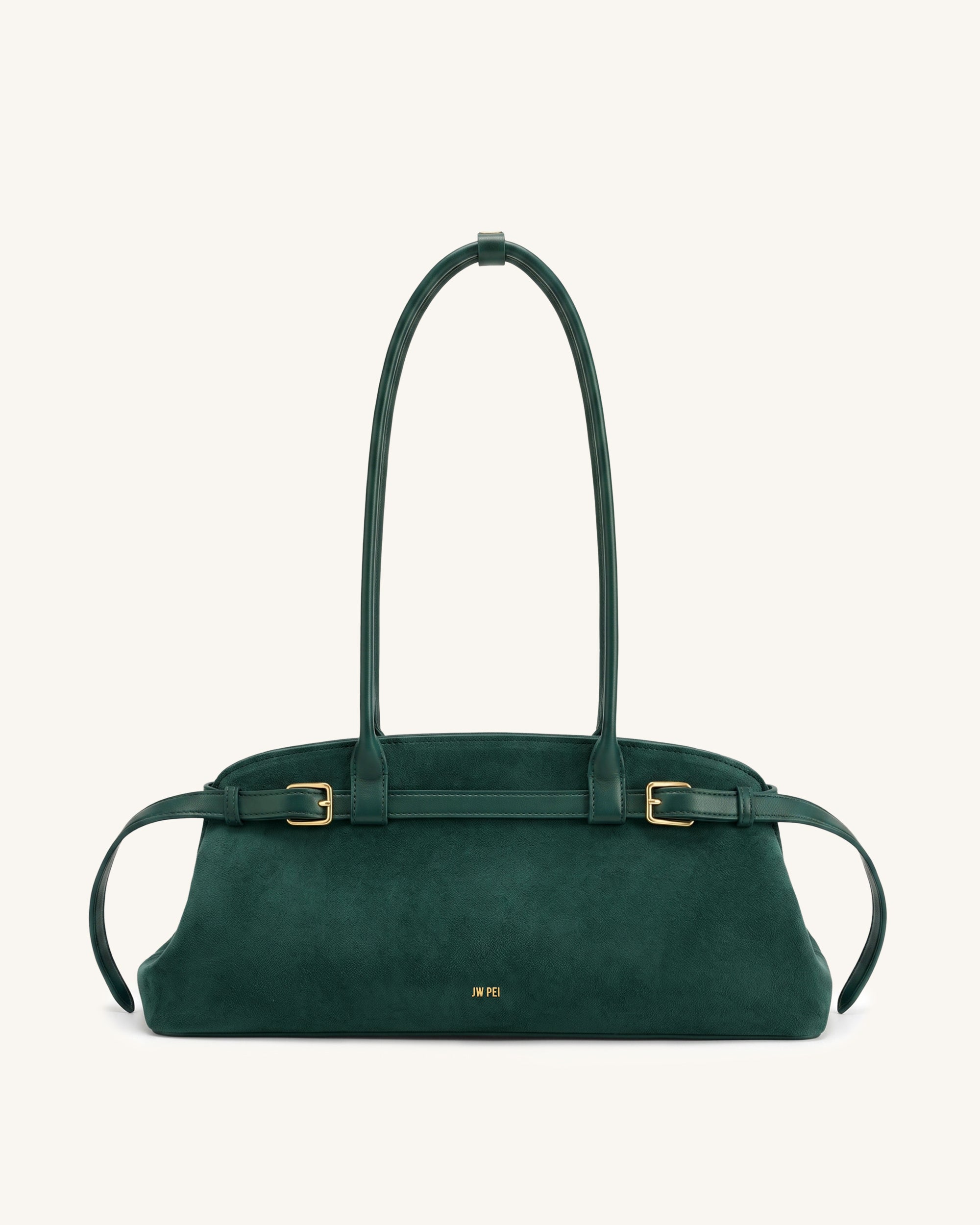 Arden Faux Suede Belt Detail East-West Shoulder Bag - Dark Green