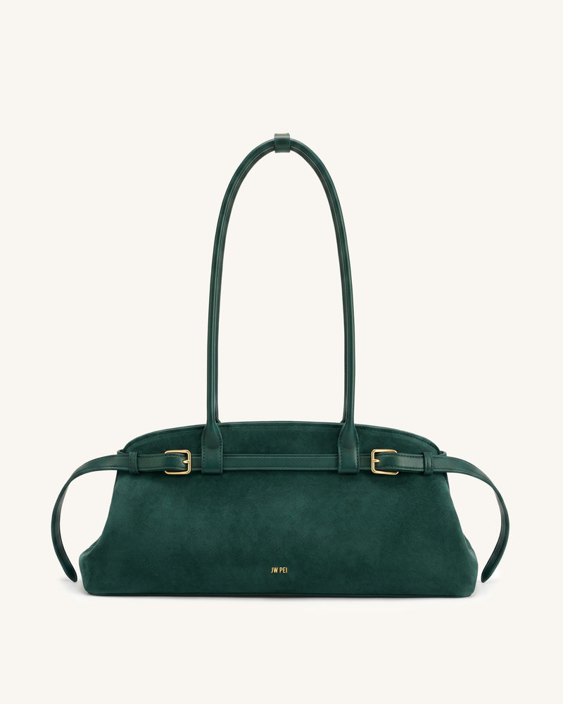 Arden Faux Suede Belt Detail East-West Shoulder Bag - Dark Green