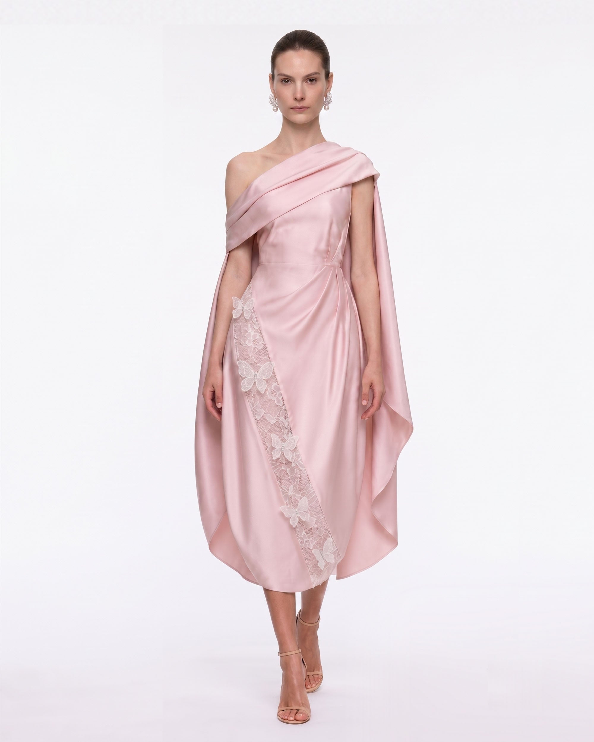 Butterfly Appliqué Draped Satin Midi Dress - Blush Pink