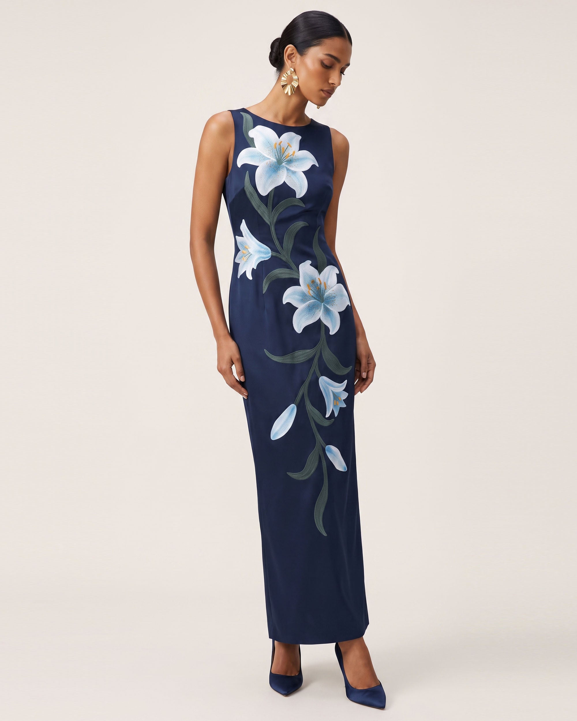 Lily Floral Print Sleeveless Column Maxi Dress - Dark Blue