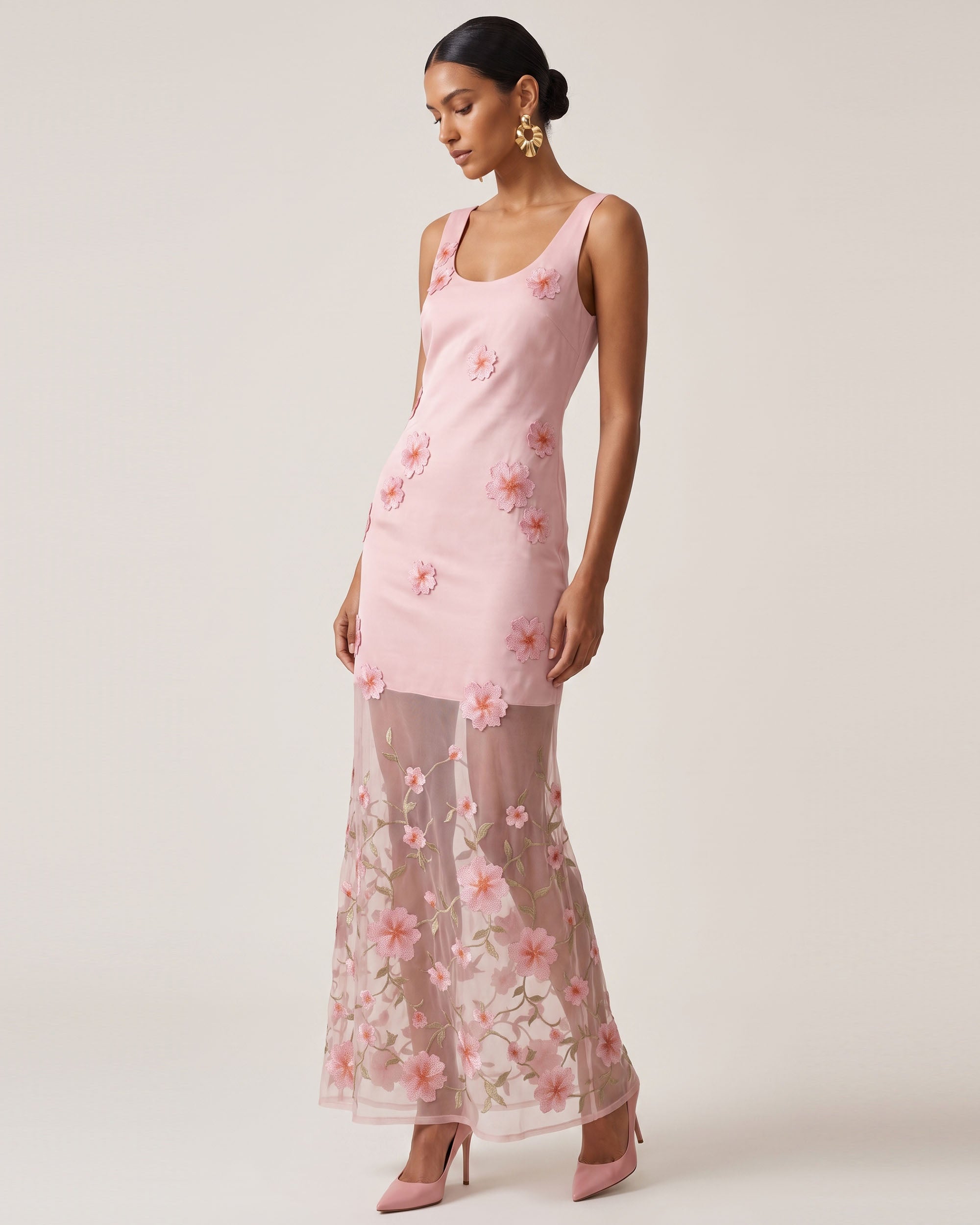 Floral Embroidered Sheer Overlay Maxi Dress - Blush Pink
