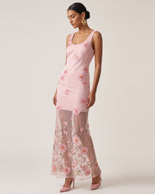 Floral Embroidered Sheer Overlay Maxi Dress - Blush Pink