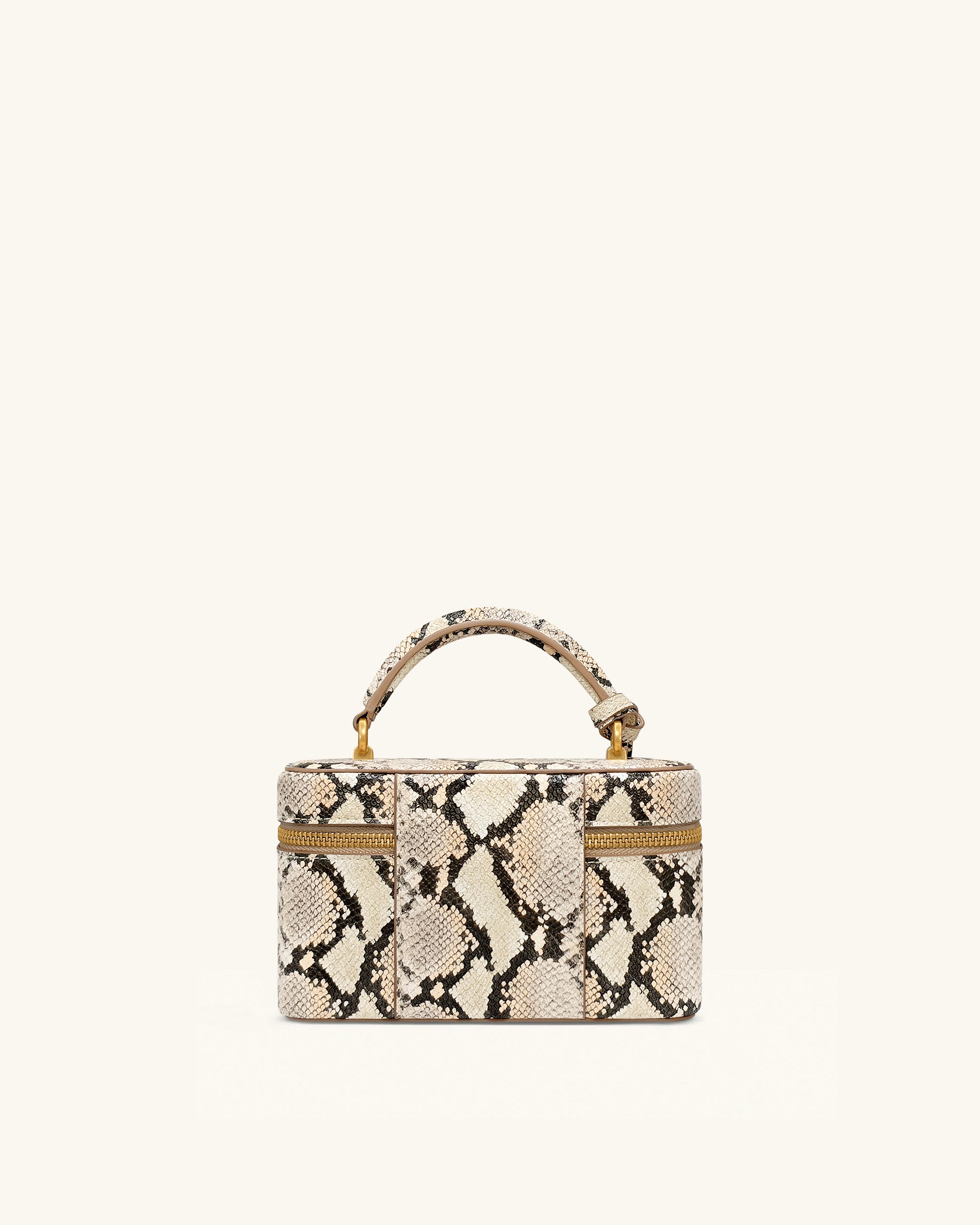 Cleo Snake-Embossed Box Shape Top Handle Bag - Beige