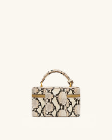 Cleo Snake-Embossed Box Shape Top Handle Bag - Beige
