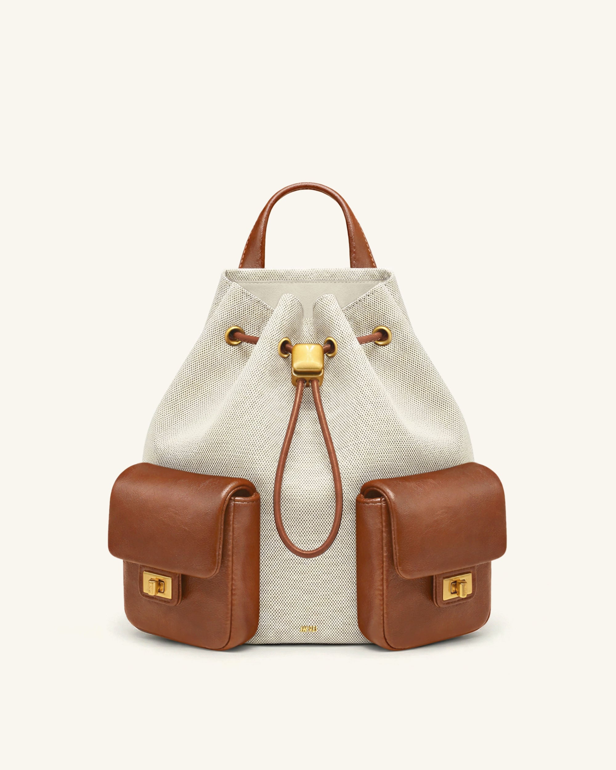 Avery Drawstring Utility Backpack – Ivory Brown Canvas