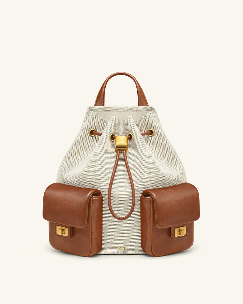 Avery Drawstring Utility Backpack – Ivory Brown Canvas