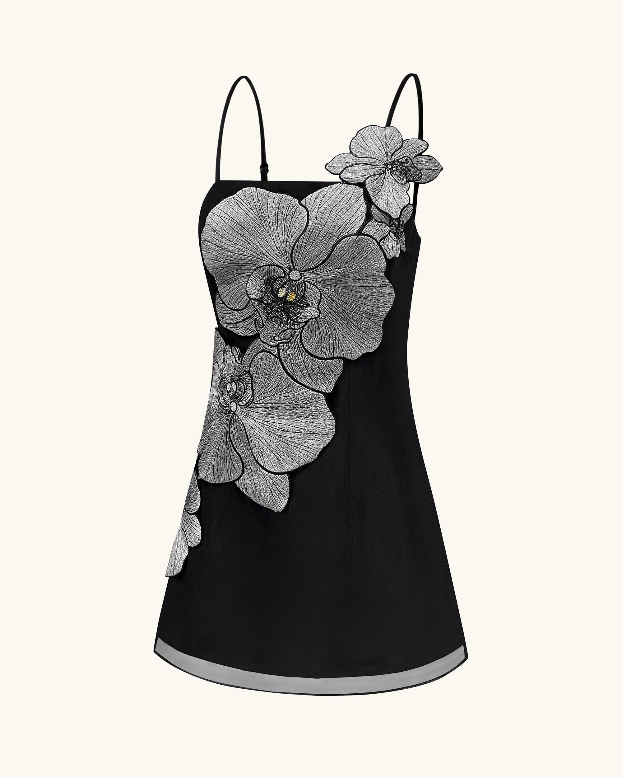 Orchid Appliqué Mini Dress - Black/Silver