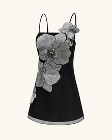 Orchid Appliqué Mini Dress - Black/Silver