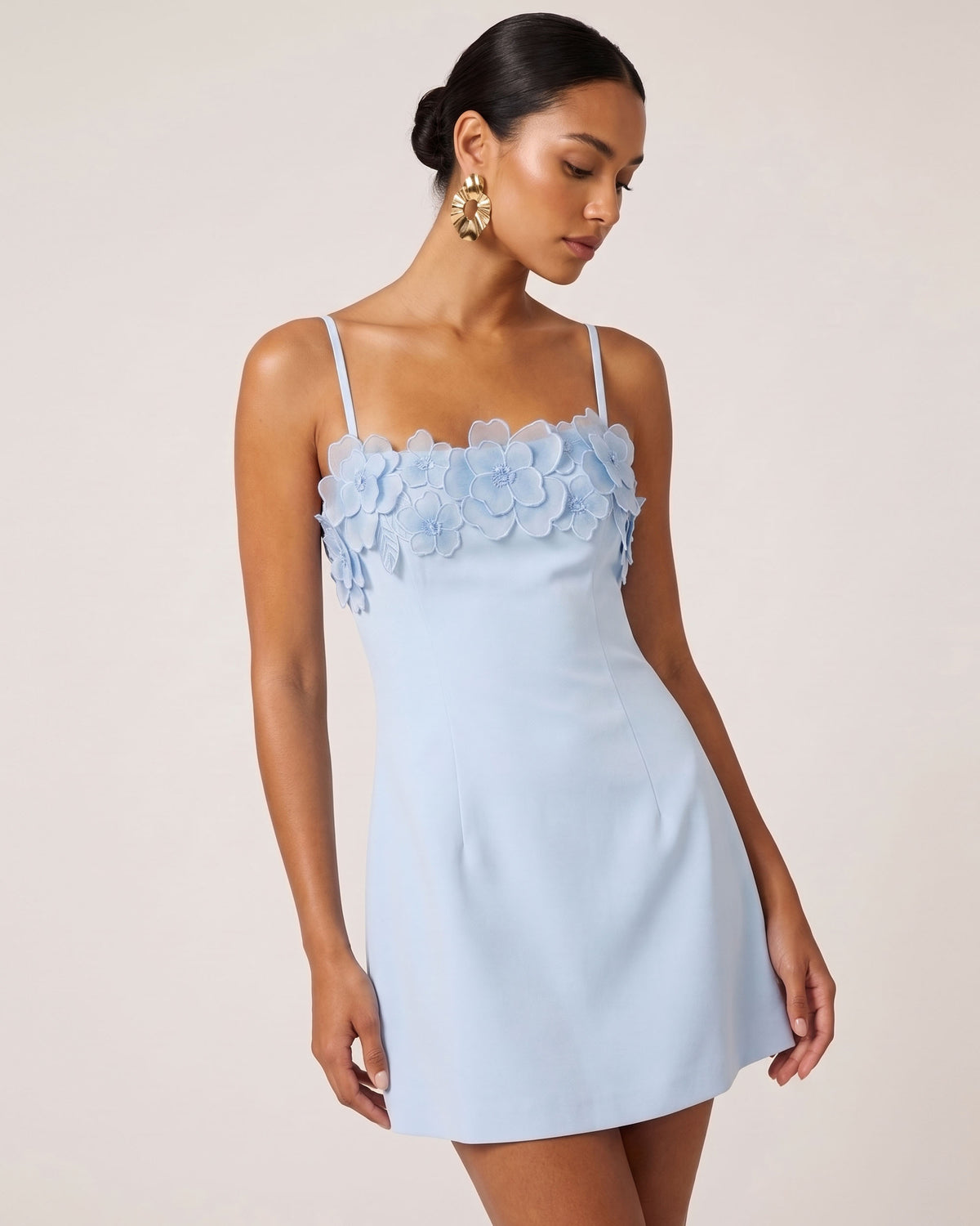 Flower Embroidered Trim Spaghetti Strap Mini Dress - Light Blue