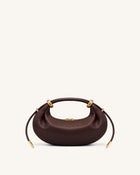 Ellie Metal Ring Embellished Crescent Top Handle Bag - Dark Brown