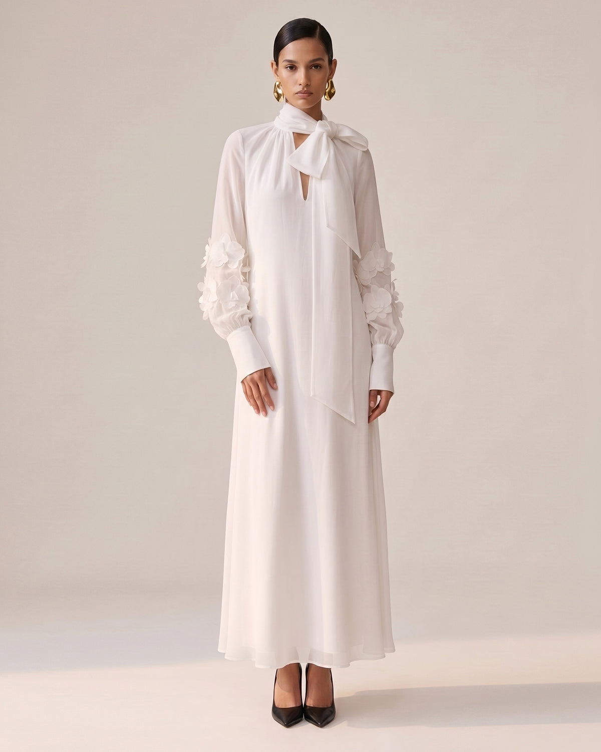 Orchid Embellished Belted Cutout-Shoulder Midi Dress - Off White