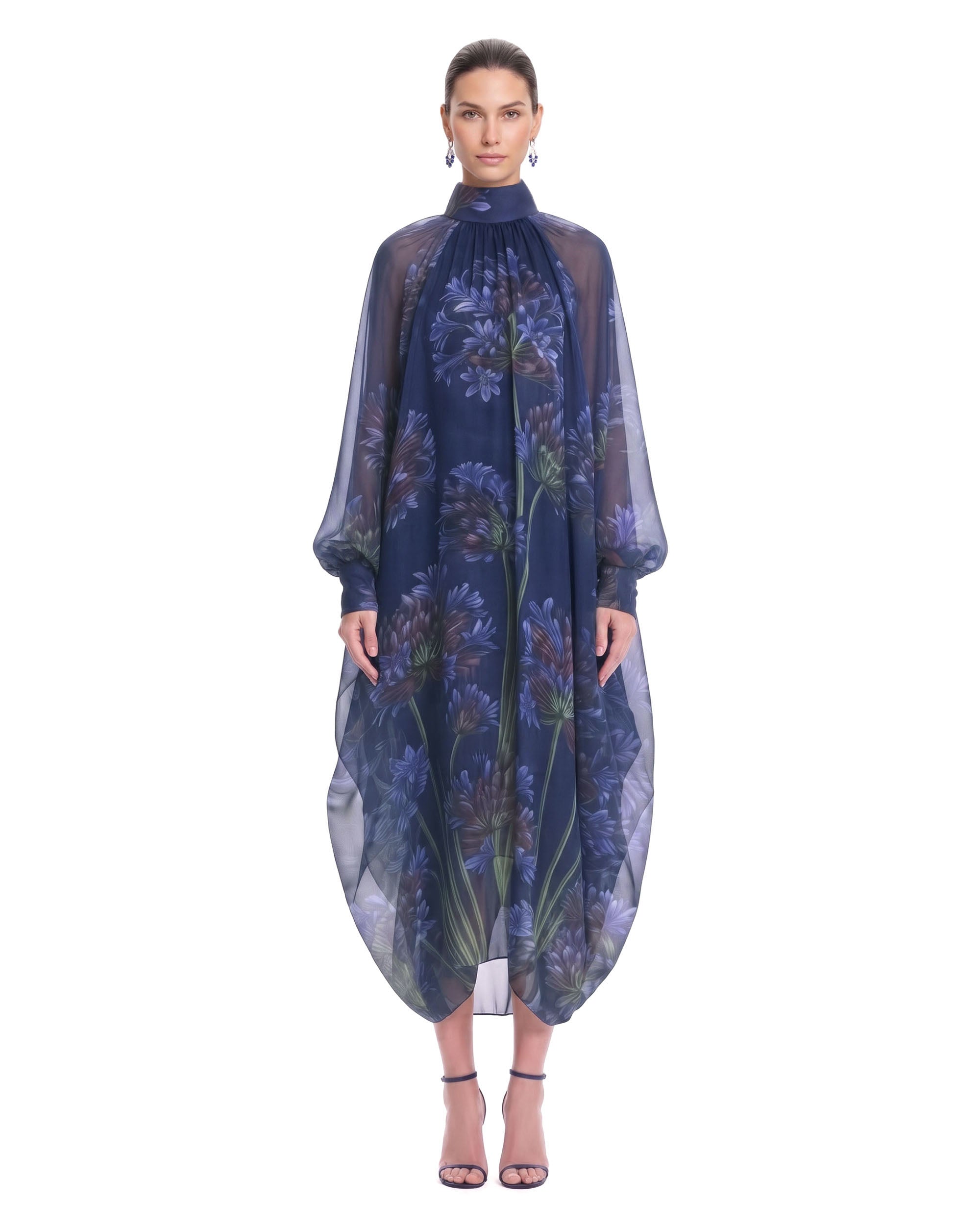 Floral Print Sheer Balloon-Sleeve Maxi Dress - Navy