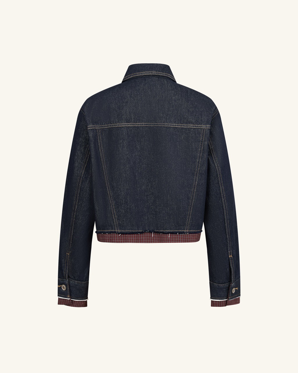 The Preppy Checkered Hem Frayed Jacket - Raw Denim