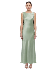 Calla Lily Embroidered Bow-Back Satin Maxi Dress - Sage Green