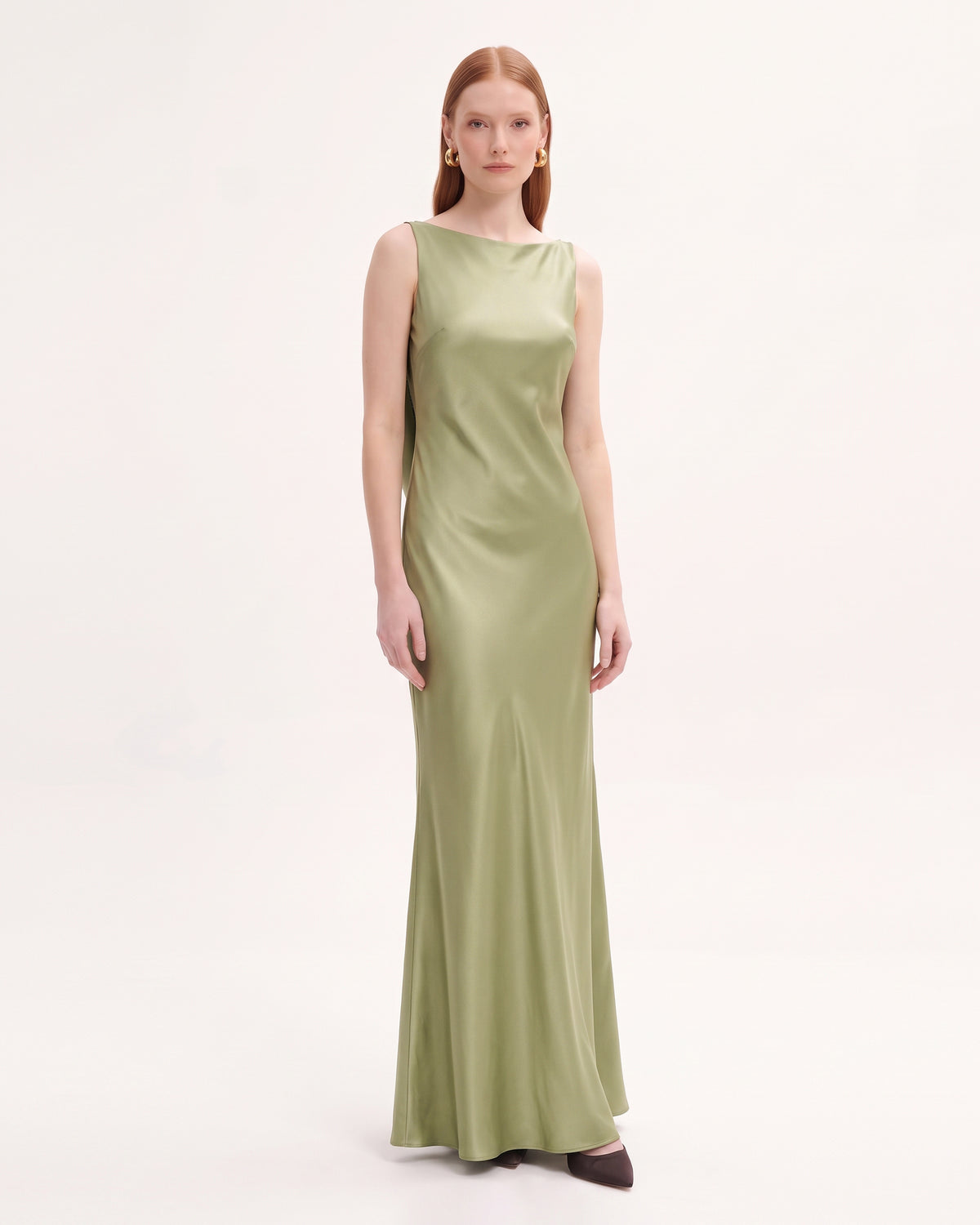 Tulip Appliqué Cowl-Back Satin Column Maxi Dress - Sage Green