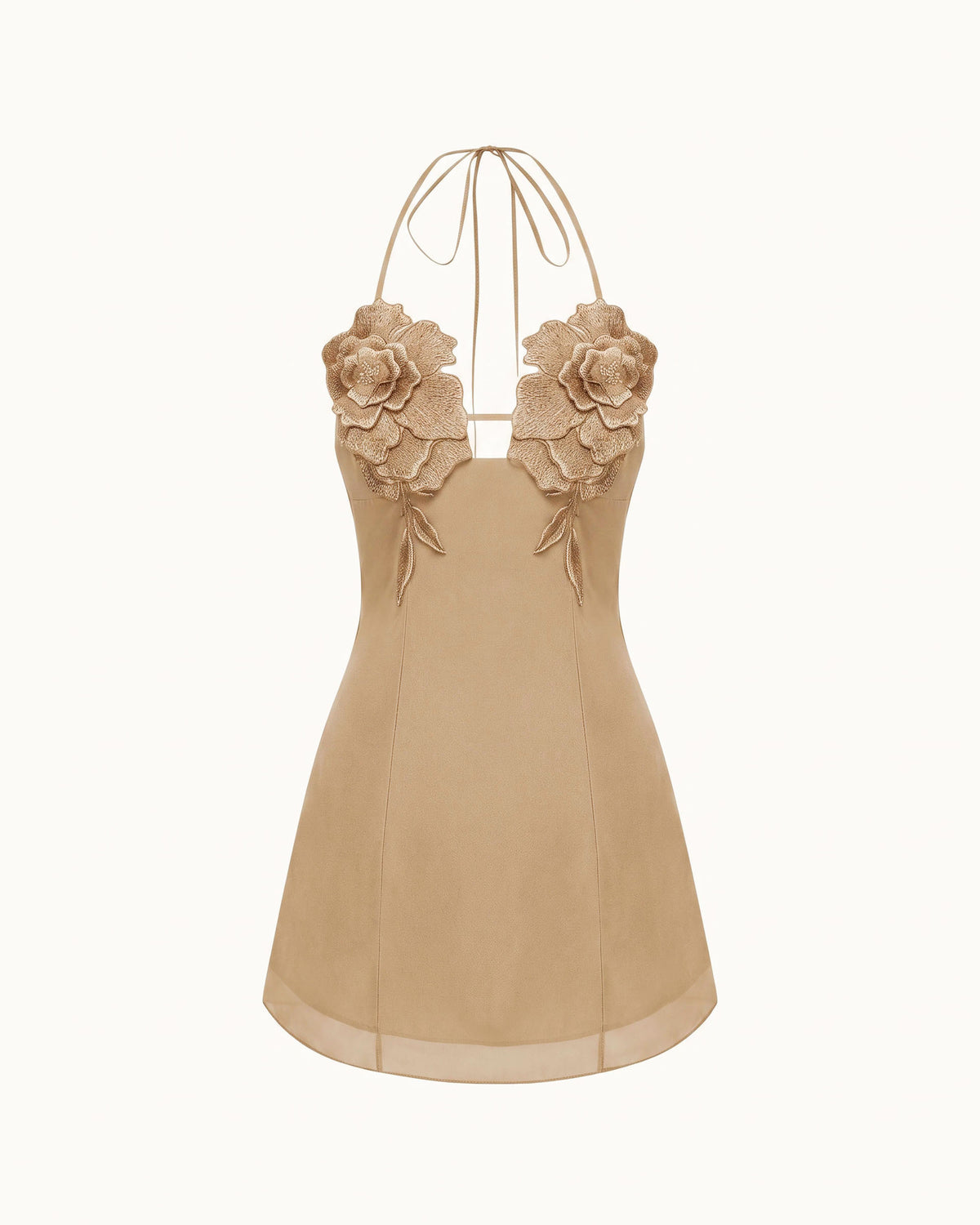 Flower Embroidered Mini Dress - Mocha Brown
