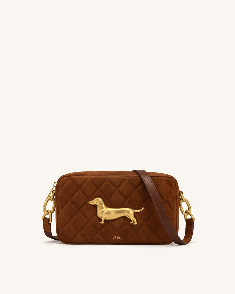 Riley Faux Suede Dachshund Quilted Shoulder Bag - Caramel Brown