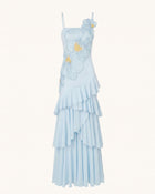 Orchid Embroidered Ruffled One-Shoulder Maxi Dress - Blue