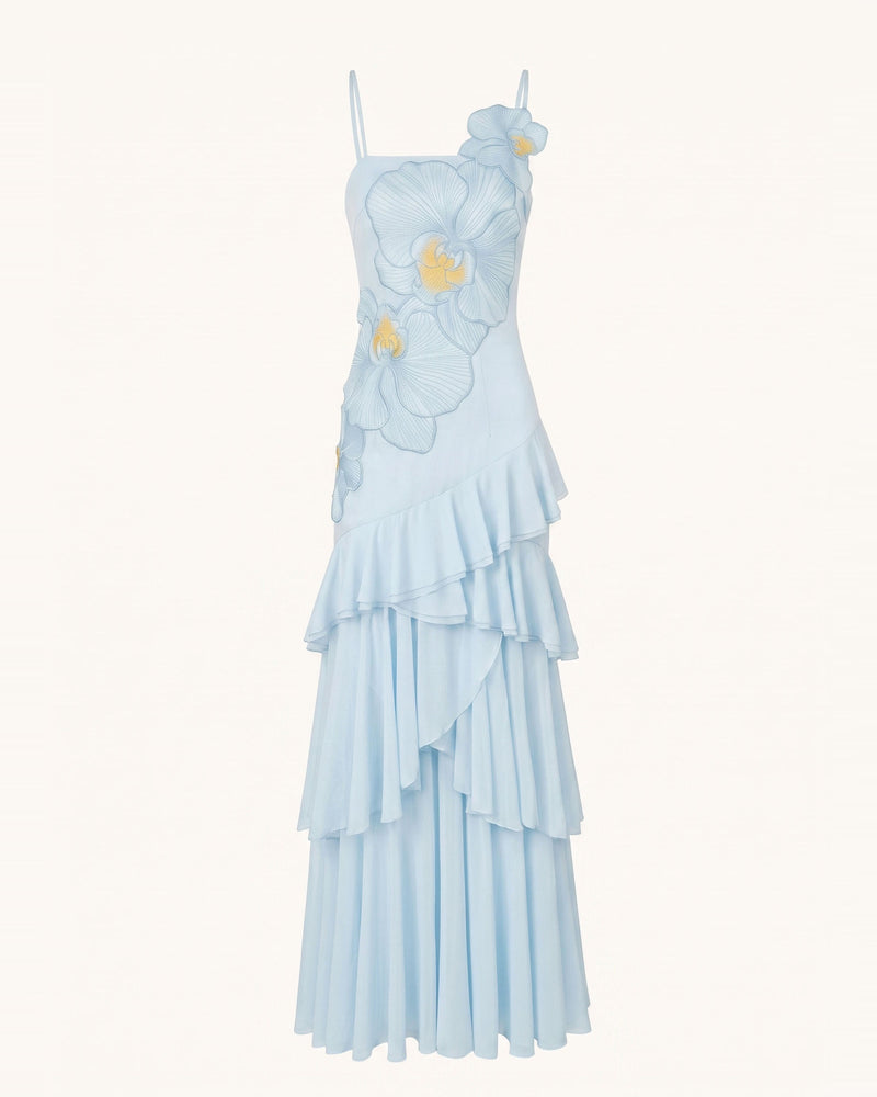 Orchid Embroidered Ruffled One-Shoulder Maxi Dress - Blue