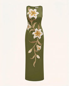 Lily Floral Print Sleeveless Column Maxi Dress - Yellowish Green