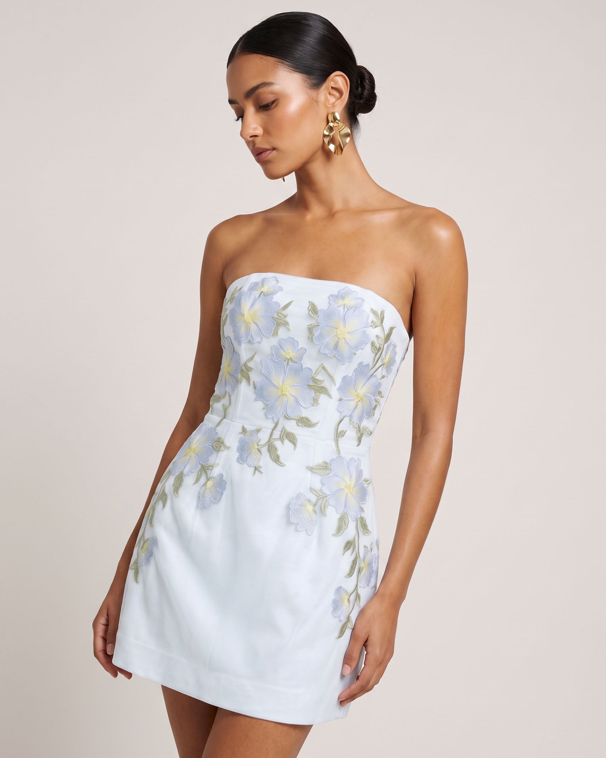 Floral Embroidered Strapless Corset Mini Dress - Light Blue