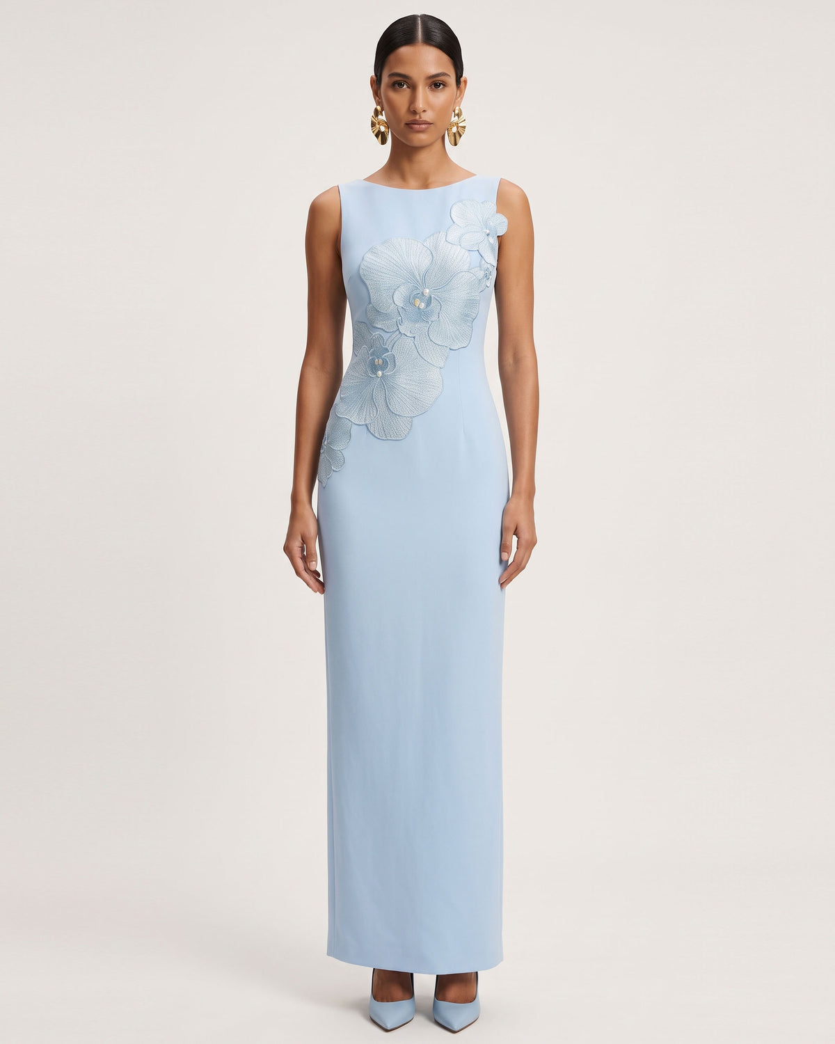 Orchid Embroidered Crew Neck Fitted Maxi Dress - Light Blue