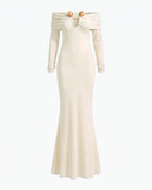 3D Embroidered Tulip Off-The-Shoulder Gown - Cream