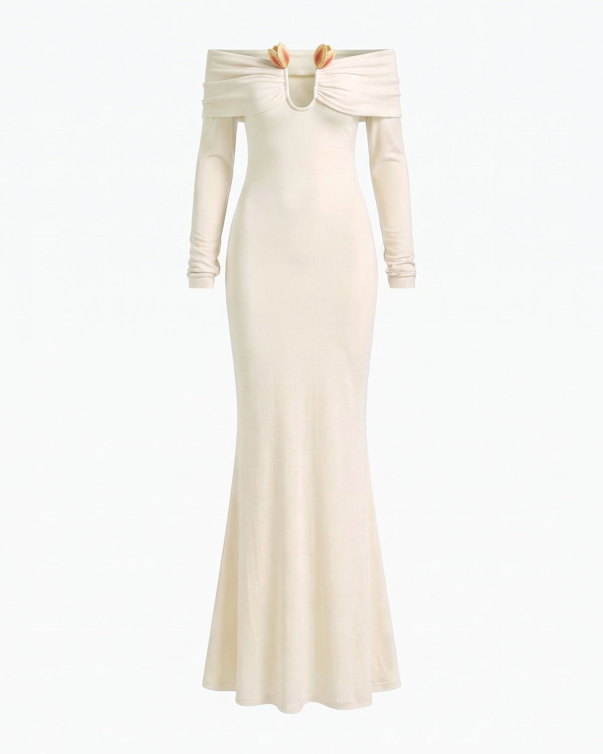 3D Embroidered Tulip Off-The-Shoulder Gown - Cream