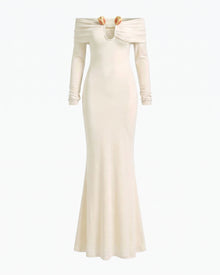 3D Embroidered Tulip Off-The-Shoulder Gown - Cream