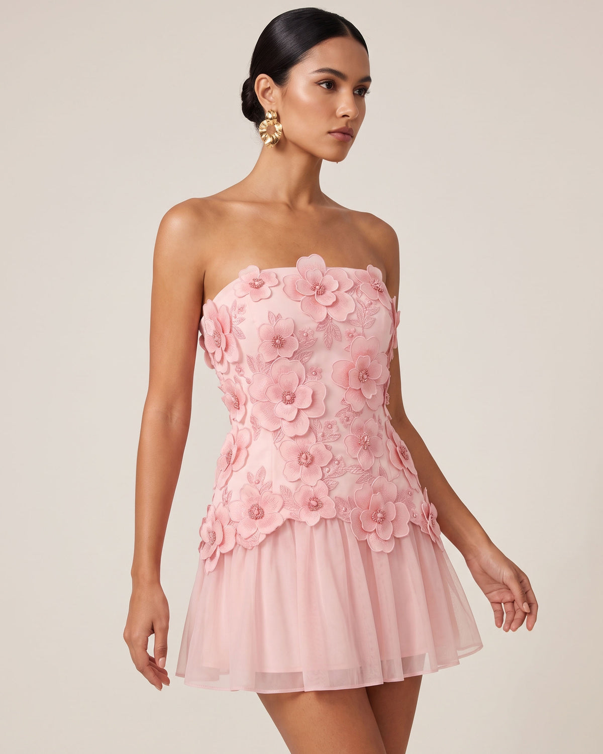 Flower Embroidered Strapless Floral Mini Dress - Pink