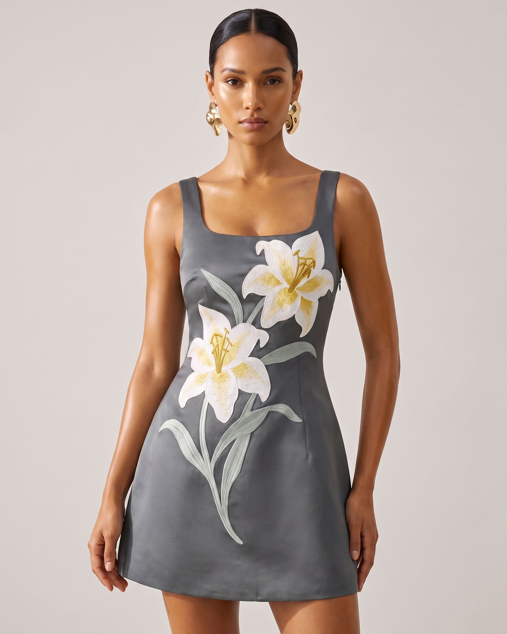 Lily Floral Print Sleeveless A-Line Mini Dress - Charcoal Gray