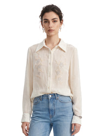 Floral Embellished Sheer Button-Down Shirt - Soft Cream