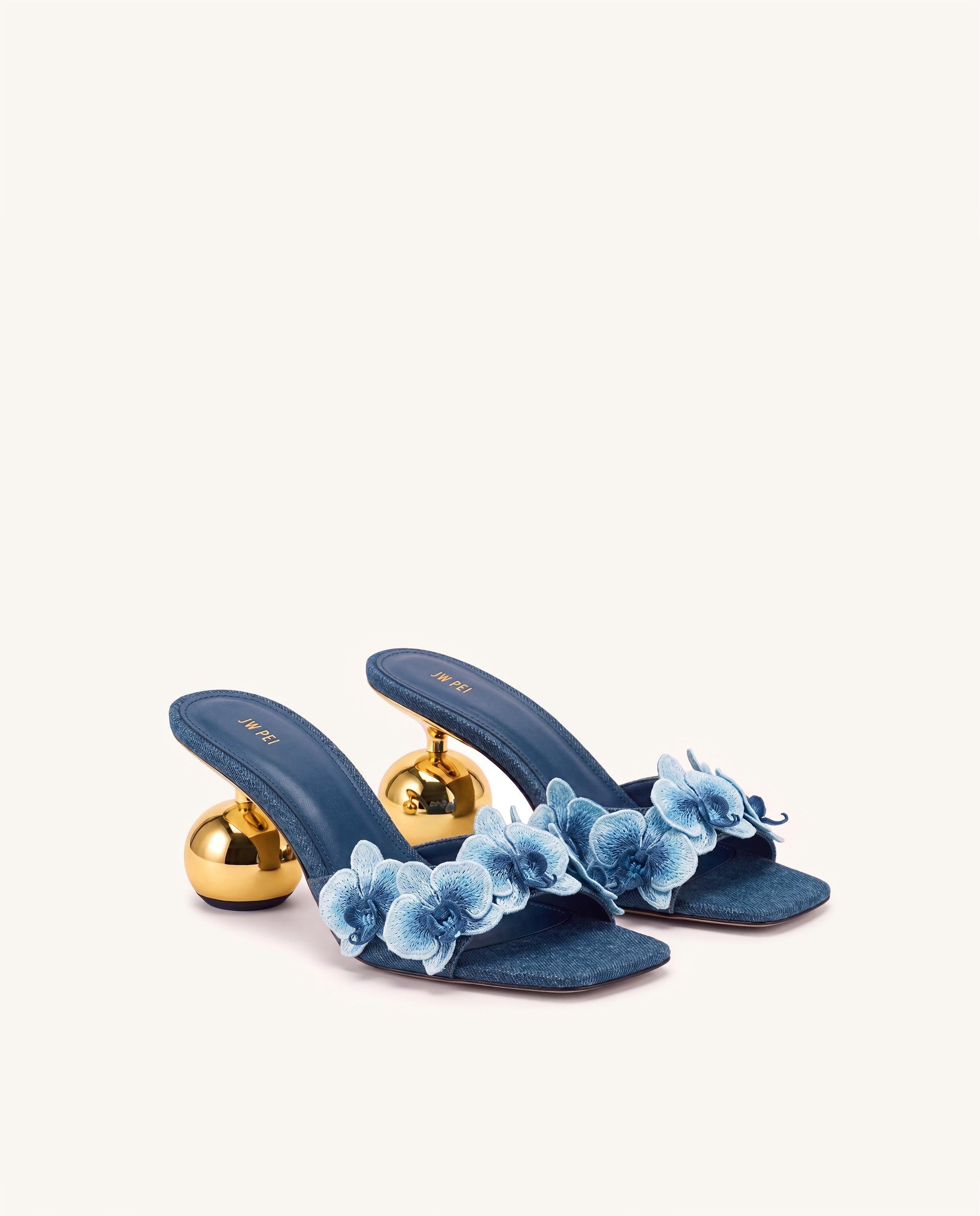 Celia Orchid Embroidered Sphere Heel Mules - Denim Blue