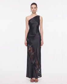 Lace Panel One-Shoulder Satin Maxi Dress - Black