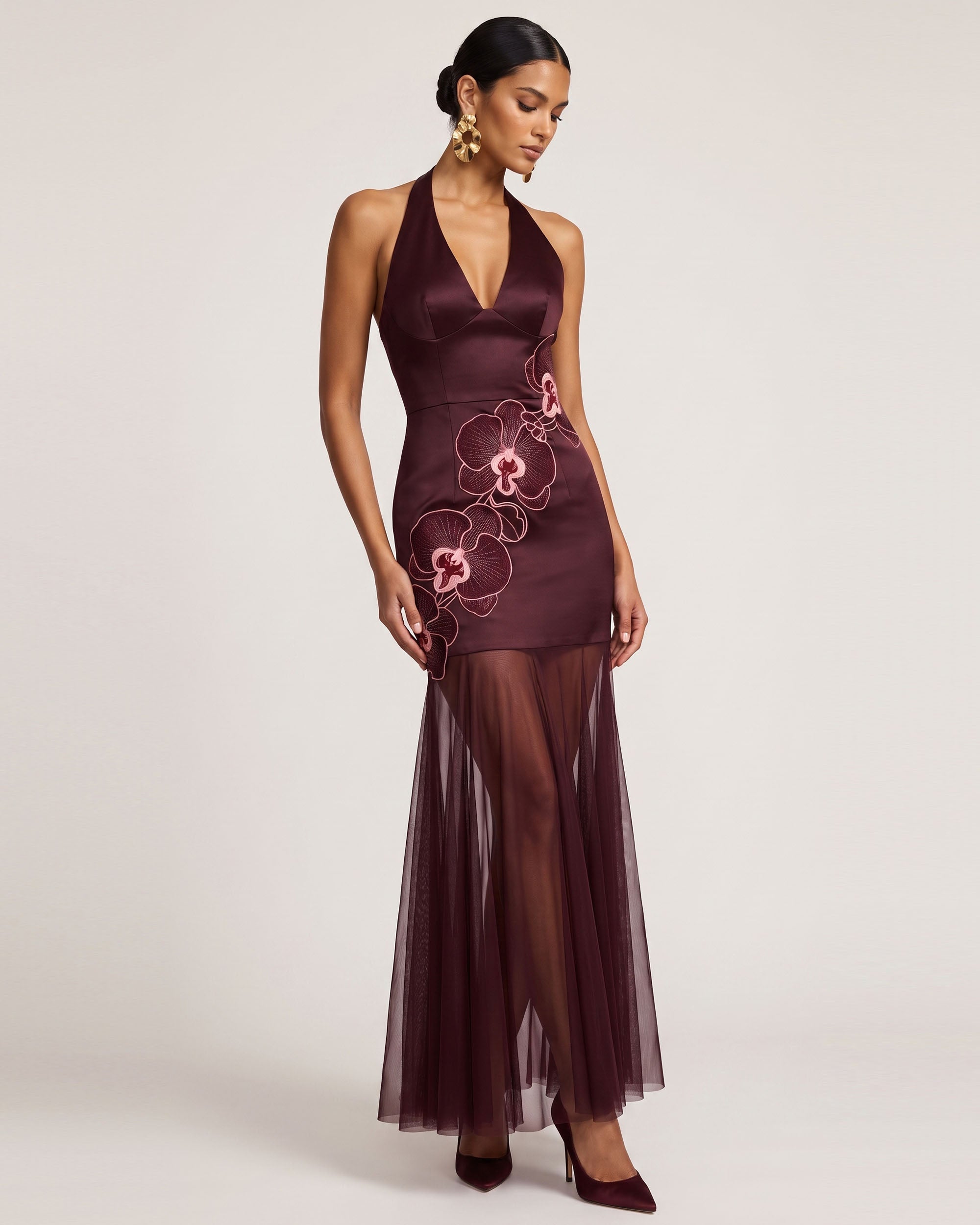 Orchid Embroidered Sheer Hem Halter Maxi Dress - Burgundy