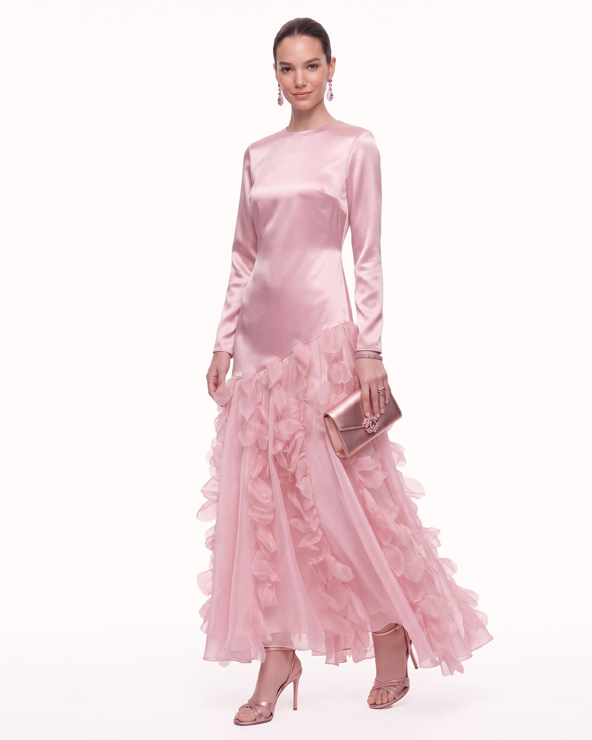 3D Floral-Trim Satin Maxi Dress - Blush