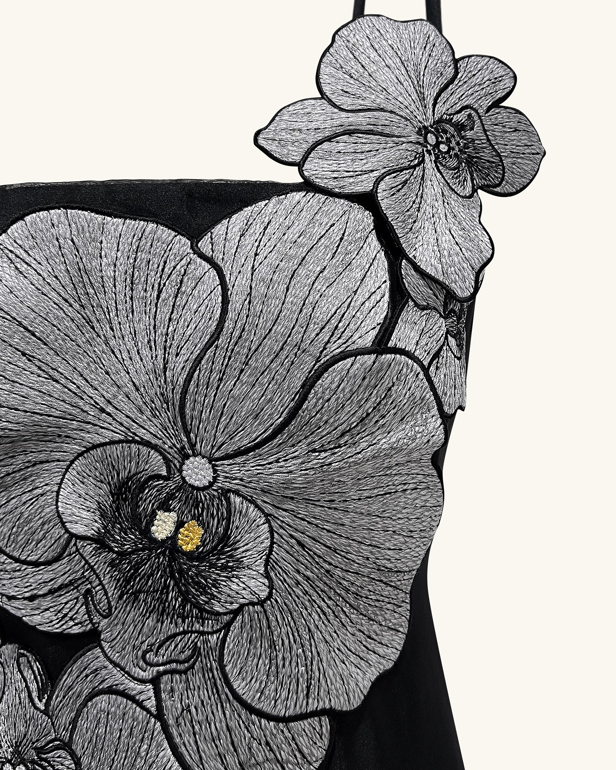 Orchid Appliqué Mini Dress - Black/Silver
